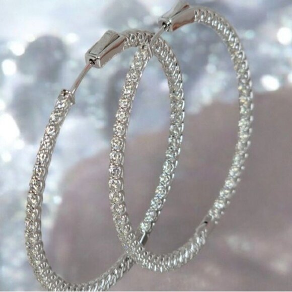 925 Sterling Silver Large Hoop Earrings 4.5cm with Genuine Moissanite Gemstone - Picture 1 of 12
